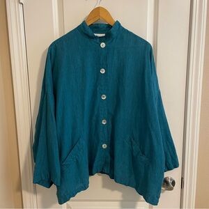 Bryn Walker Danuta Jacket Linen Button Front Boxy Lagenlook Teal Blue Size M